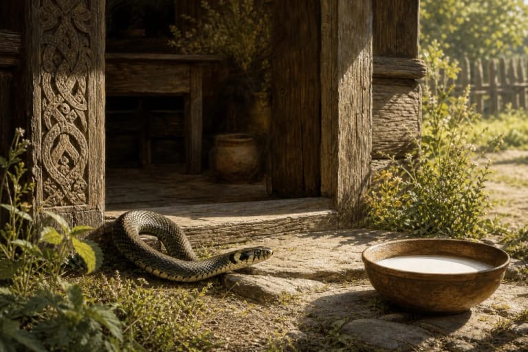 A žaltys near the threshold of a Lithuanian homestead and a bowl of milk as a symbol of household protection