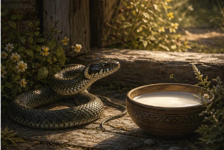 Žaltys in Lithuanian mythology near a household threshold, sunlight, and a bowl of milk