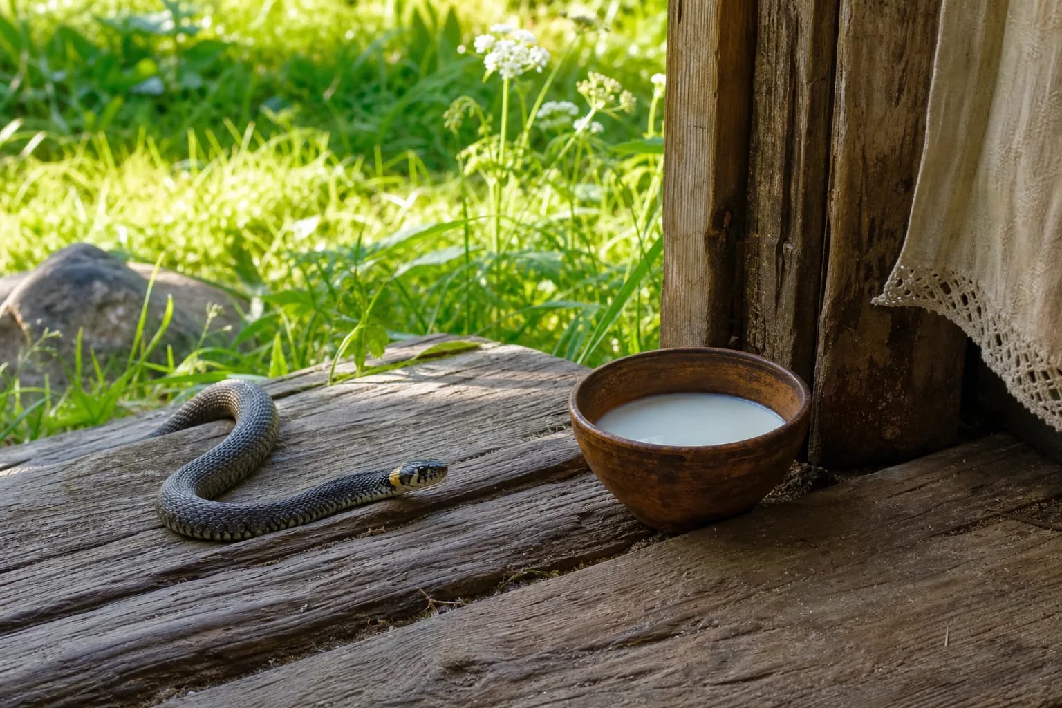 Grass snake by a wooden household threshold and clay bowl of milk