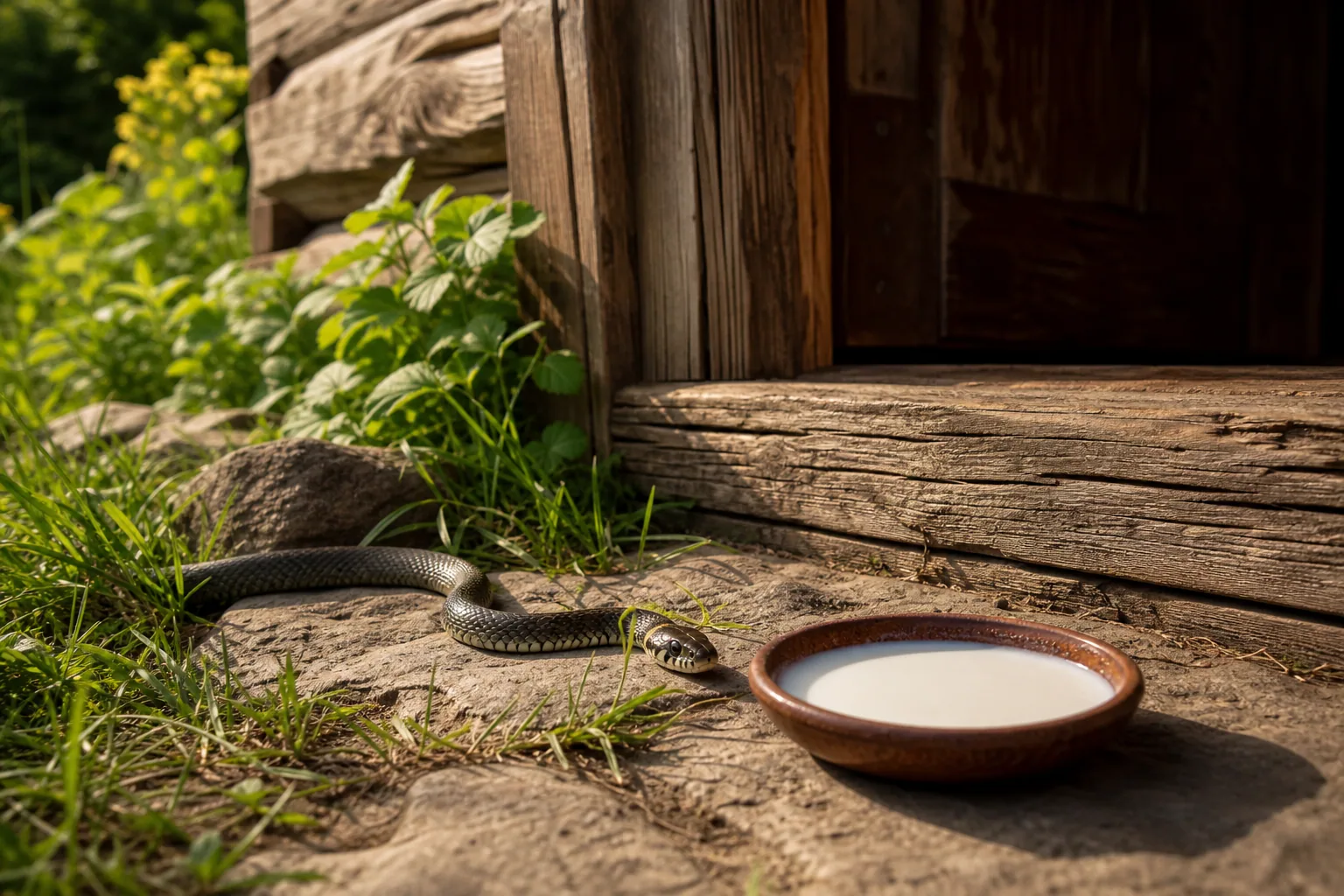 Grass snake near a wooden homestead threshold and a small bowl of milk.