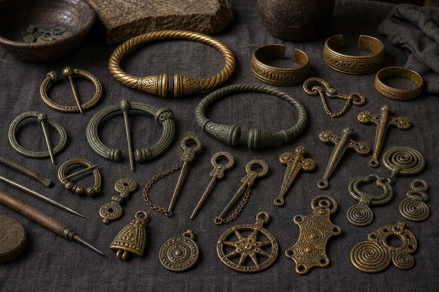 Reconstructed Baltic bronze and brass ornaments: neck-rings, brooches, pins, bracelets, and spiral rings