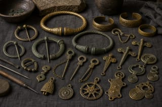 Reconstructed Baltic bronze and brass ornaments: neck-rings, brooches, pins, bracelets, and spiral rings
