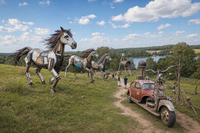 Žalvario parko pievoje stovi iš senų metalo dalių sukurti žirgai ir milžiniškas savadarbis paspirtukas su automobiliu