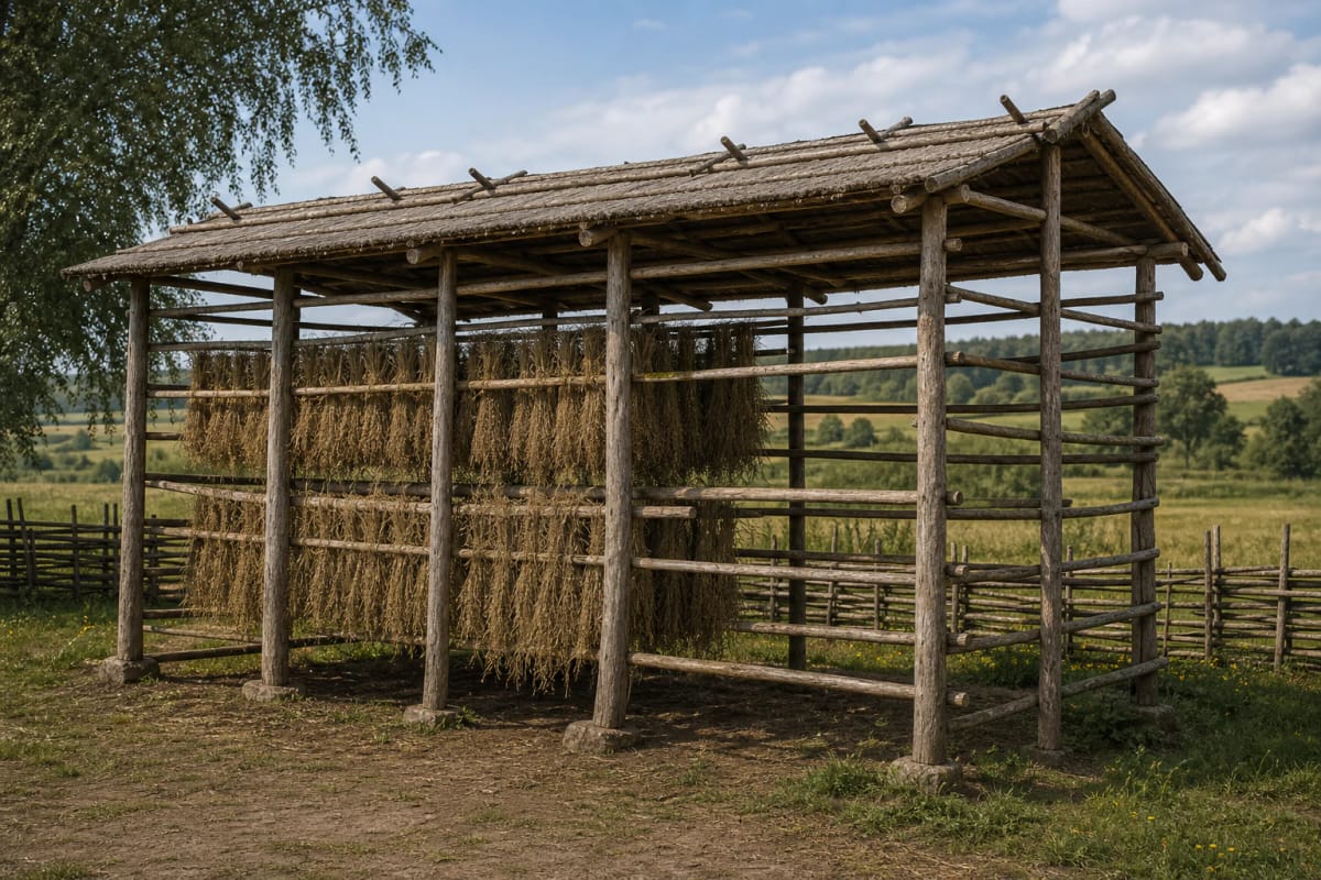Žemaitian žardinė with a light wooden structure, žardai, drying flax, and farmstead surroundings