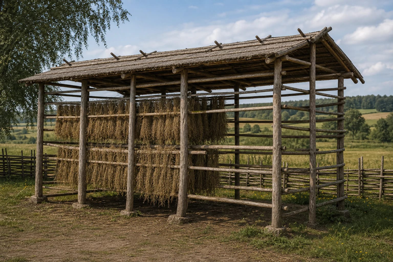 Žemaitian žardinė with a light wooden structure, žardai, drying flax, and farmstead surroundings