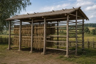 Žemaitian žardinė with a light wooden structure, žardai, drying flax, and farmstead surroundings