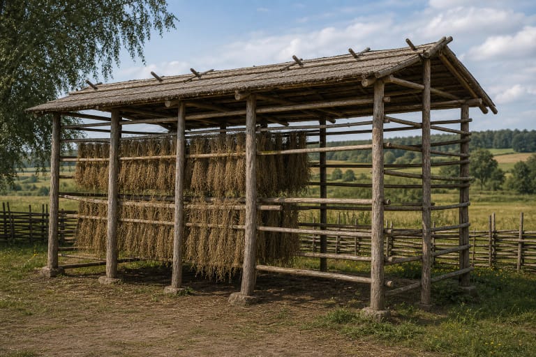 Žemaitian žardinė with a light wooden structure, žardai, drying flax, and farmstead surroundings