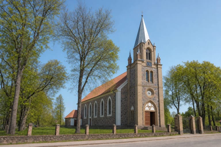 Fieldstone walls, clock tower, and red-tile roof of Žeimelis Evangelical Lutheran Church
