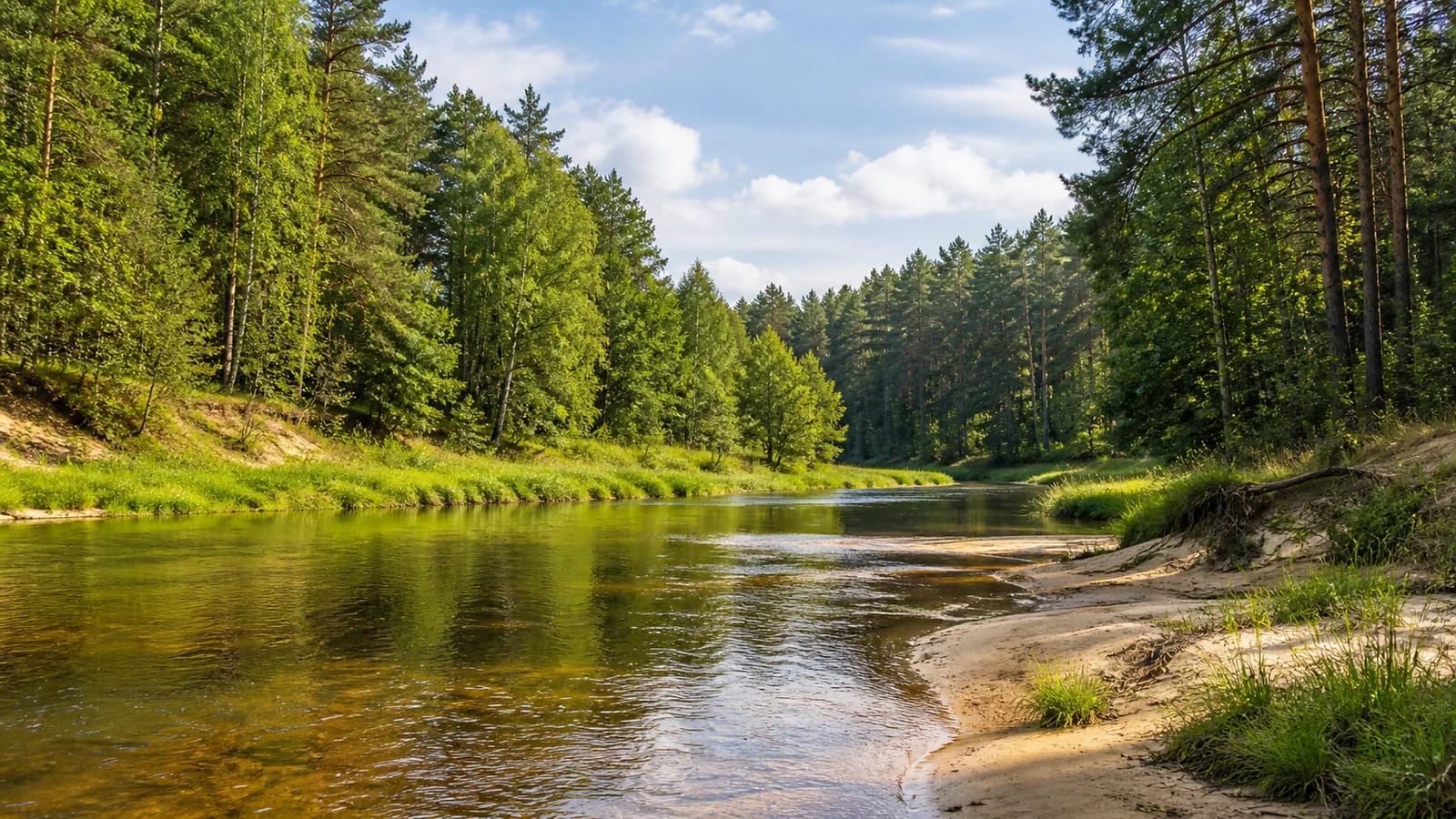Bend of the clear Žeimena River with sandy bank and Aukštaitija forests