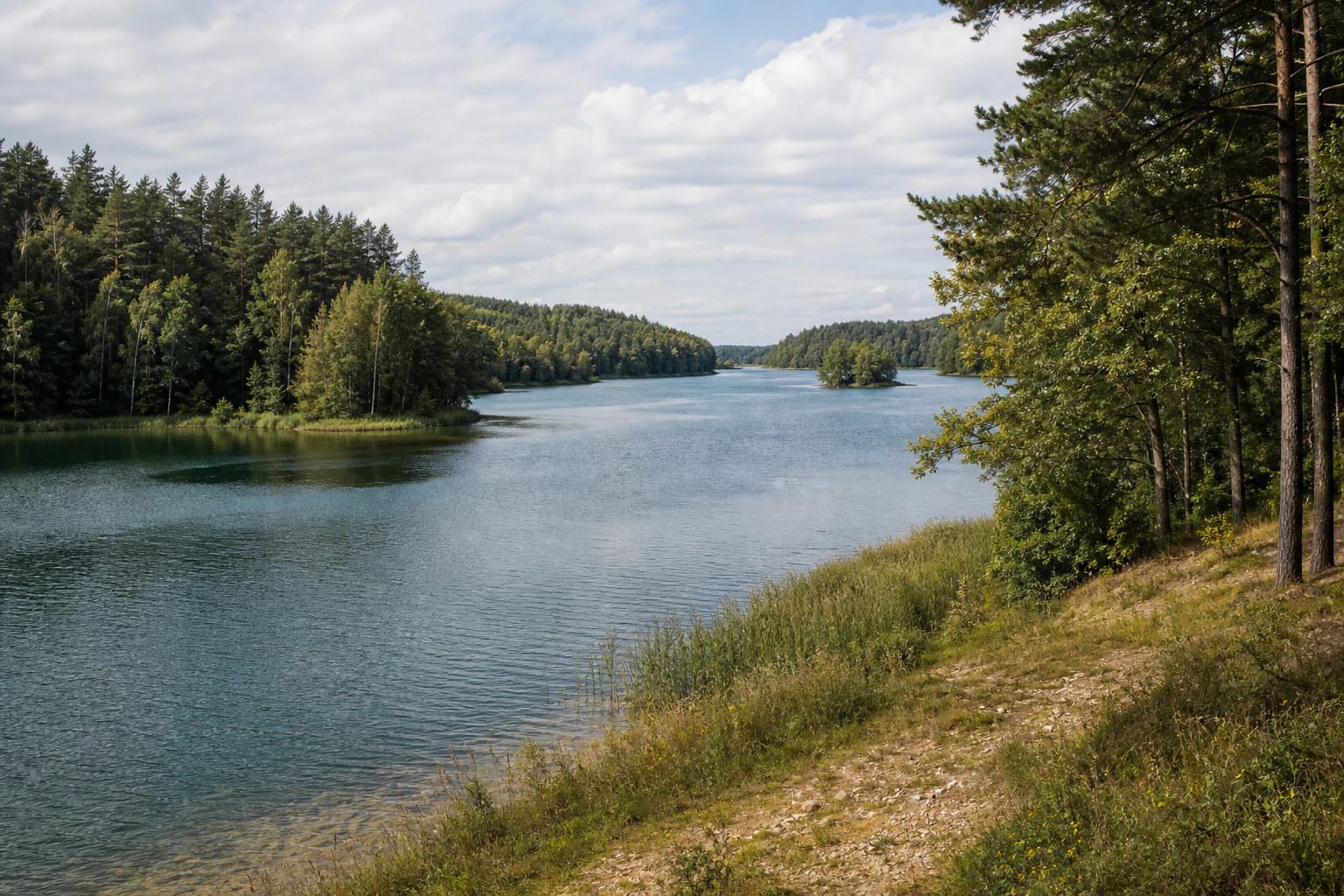 Miškais apaugęs vingiuotas Žeimenio ežeras su žema sala, nendrynais ir natūraliu smėlingu krantu