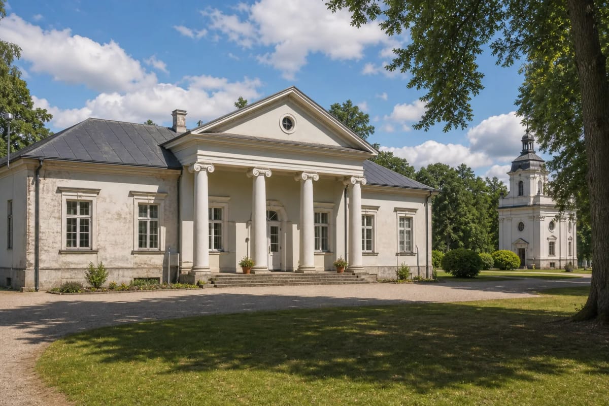 Žeimių dvaro klasicistiniai rūmai su keturių jonėninių kolonų portiku