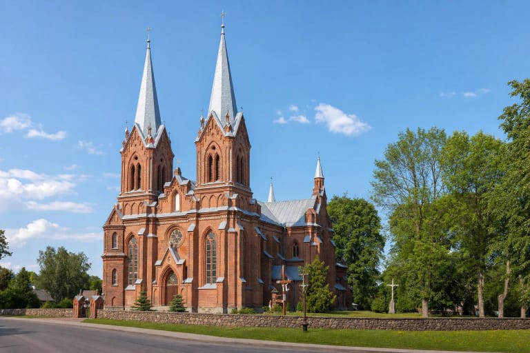 The twin-spired red-brick Gothic Revival church in Žeimiai behind its stone churchyard wall