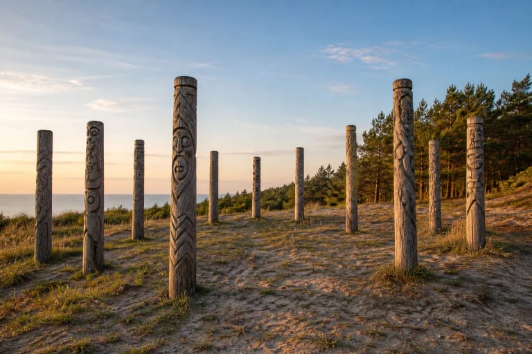 Oak posts of Žemaičių Alkas in Šventoji on a coastal dune beside pine trees