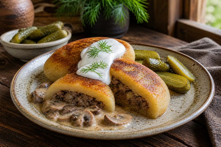 Žemaičių blynai with meat filling, sour cream, mushroom sauce, and dill on a ceramic plate