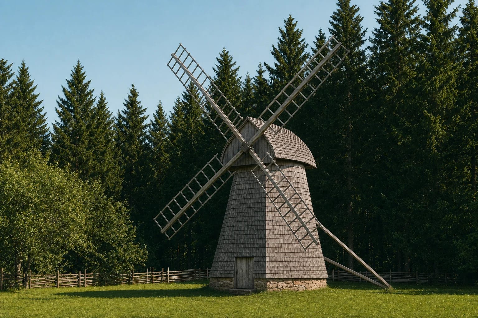 Žemaičių kaimo muziejaus pilkomis medinėmis skiedromis dengtas angliško tipo vėjo malūnas žalioje pievoje tarp eglių