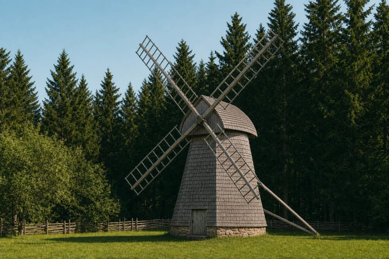 Žemaičių kaimo muziejaus pilkomis medinėmis skiedromis dengtas angliško tipo vėjo malūnas žalioje pievoje tarp eglių