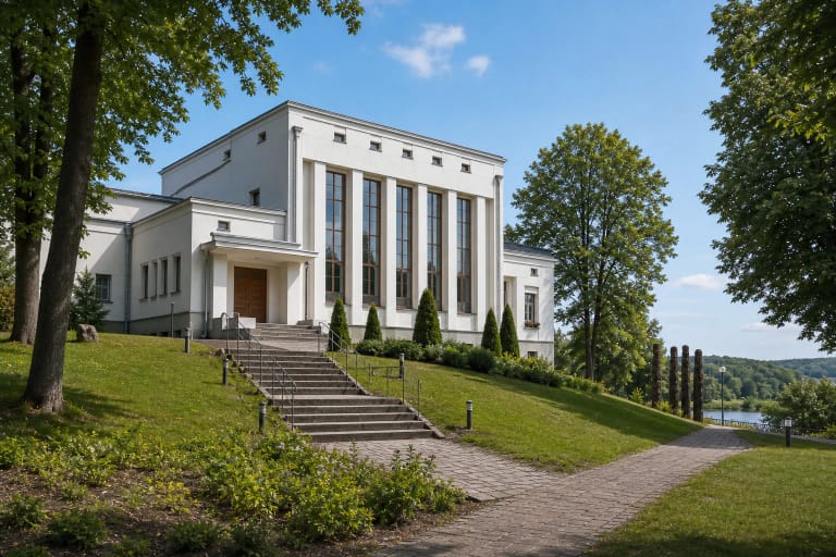 Žemaičių muziejaus „Alka“ Telšiuose baltas modernistinis pastatas ant žalio šlaito prie Masčio ežero