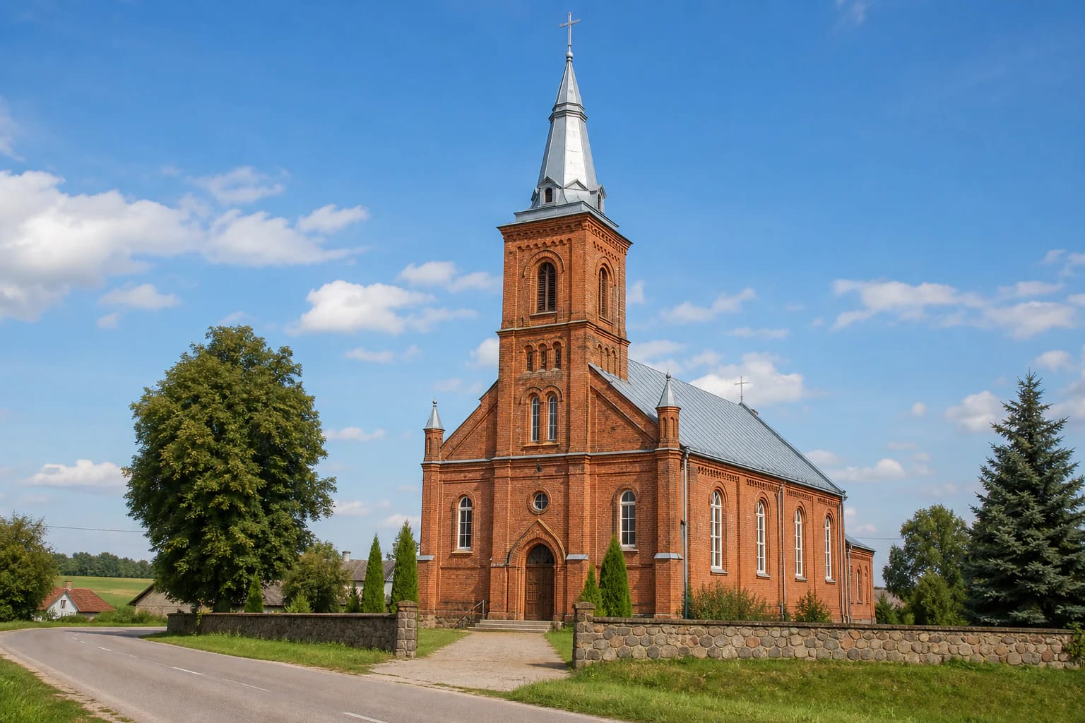 Red-brick Žemaitkiemis Church of St Casimir with its central tower