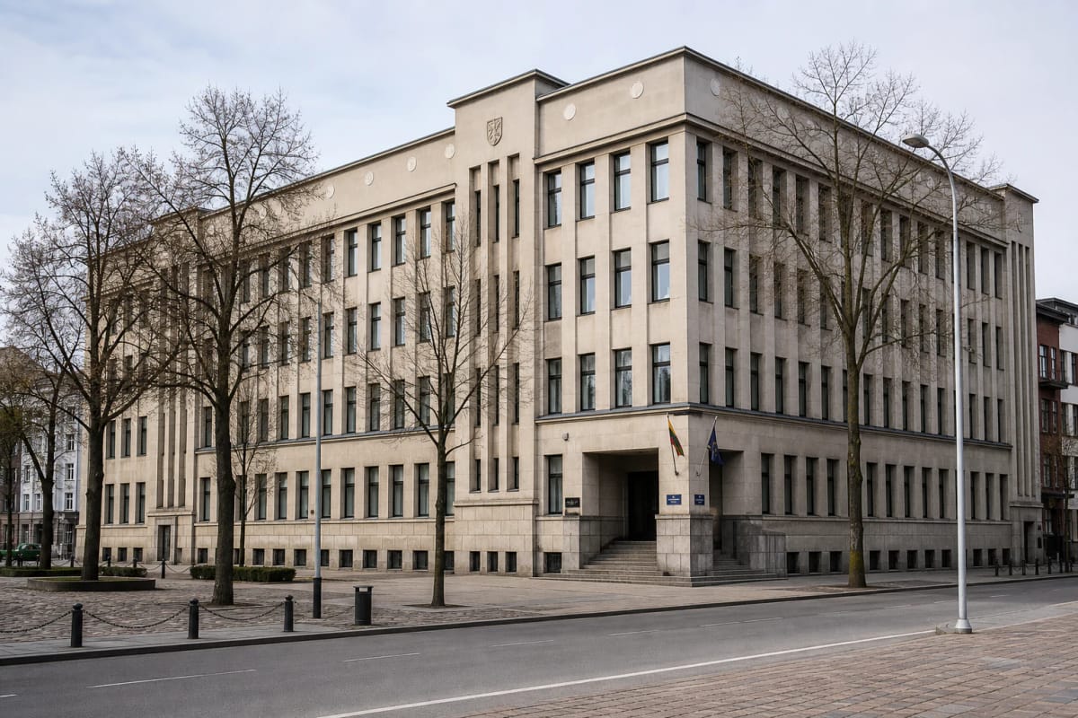 Light facade of the Land Bank Palace in Kaunas with vertical window bands and raised entrance