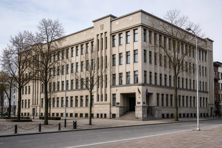 Žemės banko rūmų Kaune šviesus fasadas su vertikaliomis langų juostomis ir pakeltu įėjimu