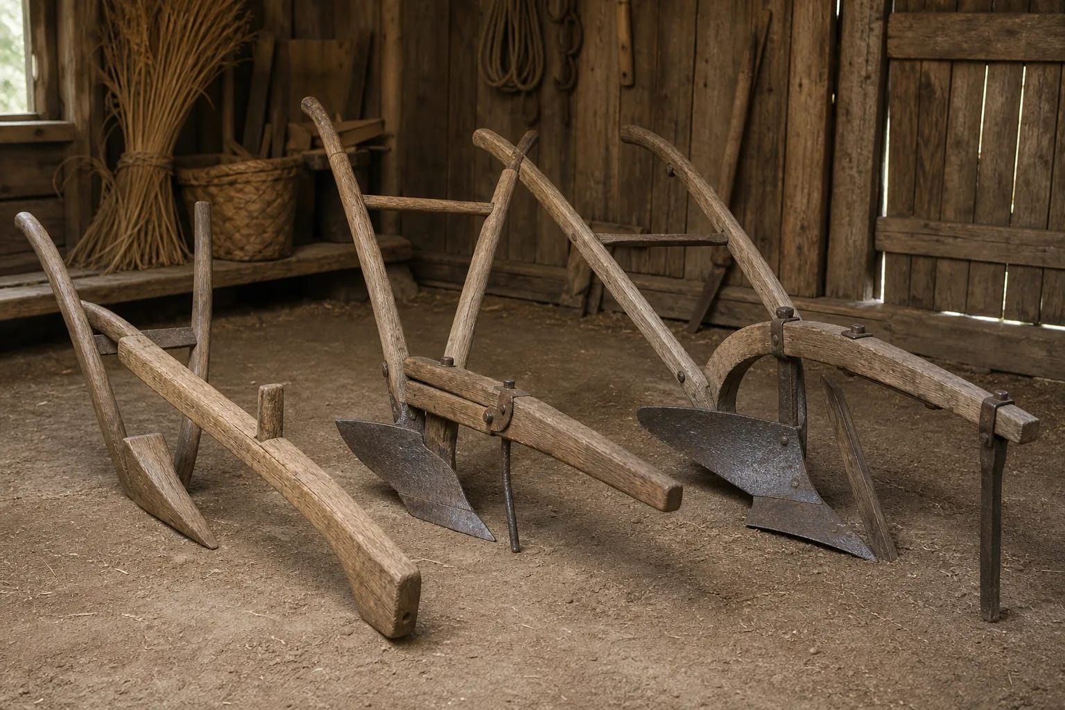 The ard, wooden plough, and later plough differ in structure and use.