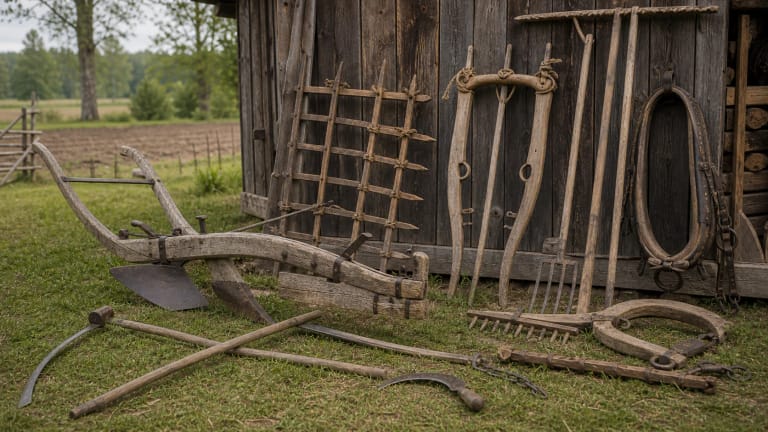 Traditional Lithuanian agricultural implements including a plow, harrow, scythe, sickle, flail, rake, and pitchfork