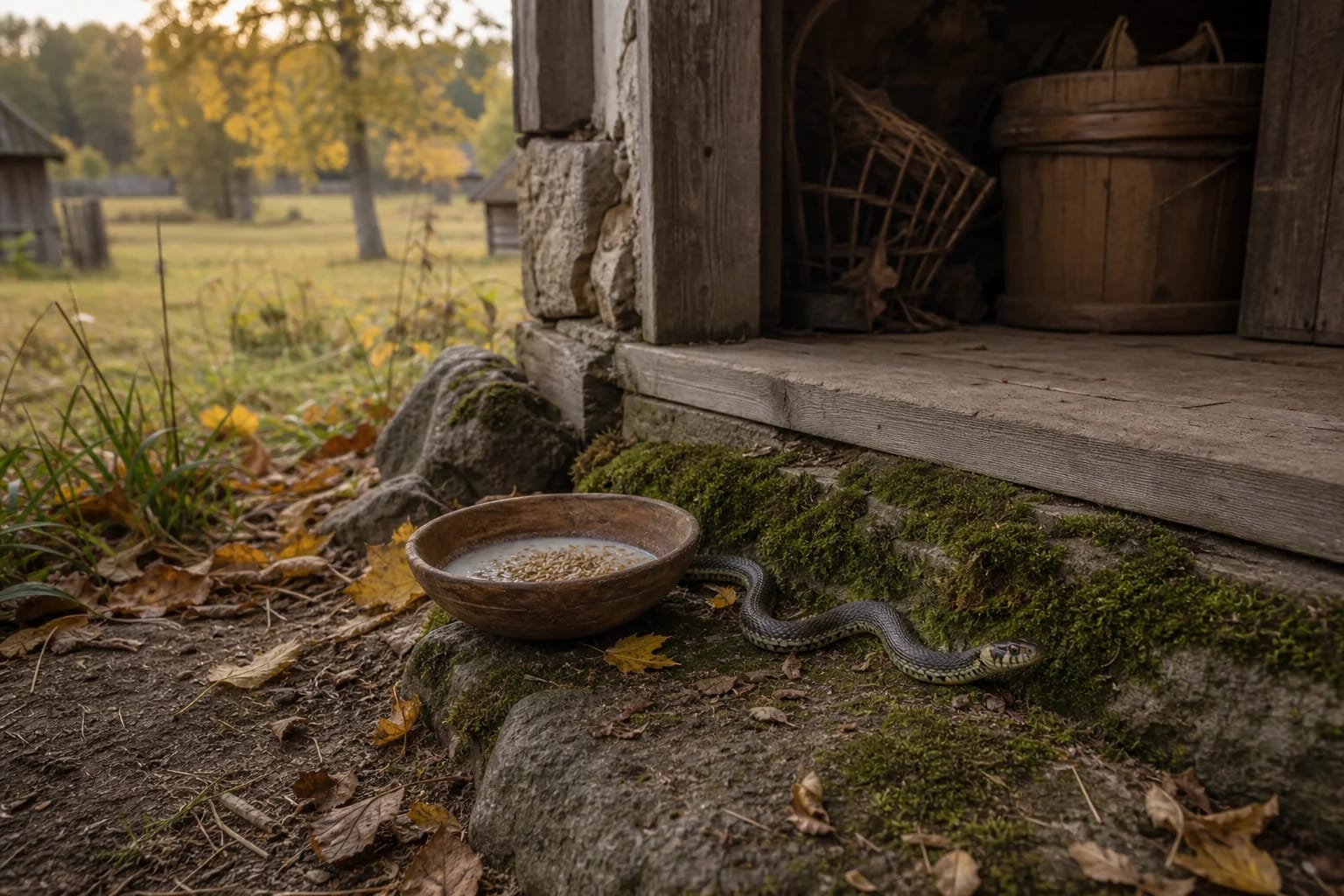 Milk and grain offering at an earth threshold for Žemininkas