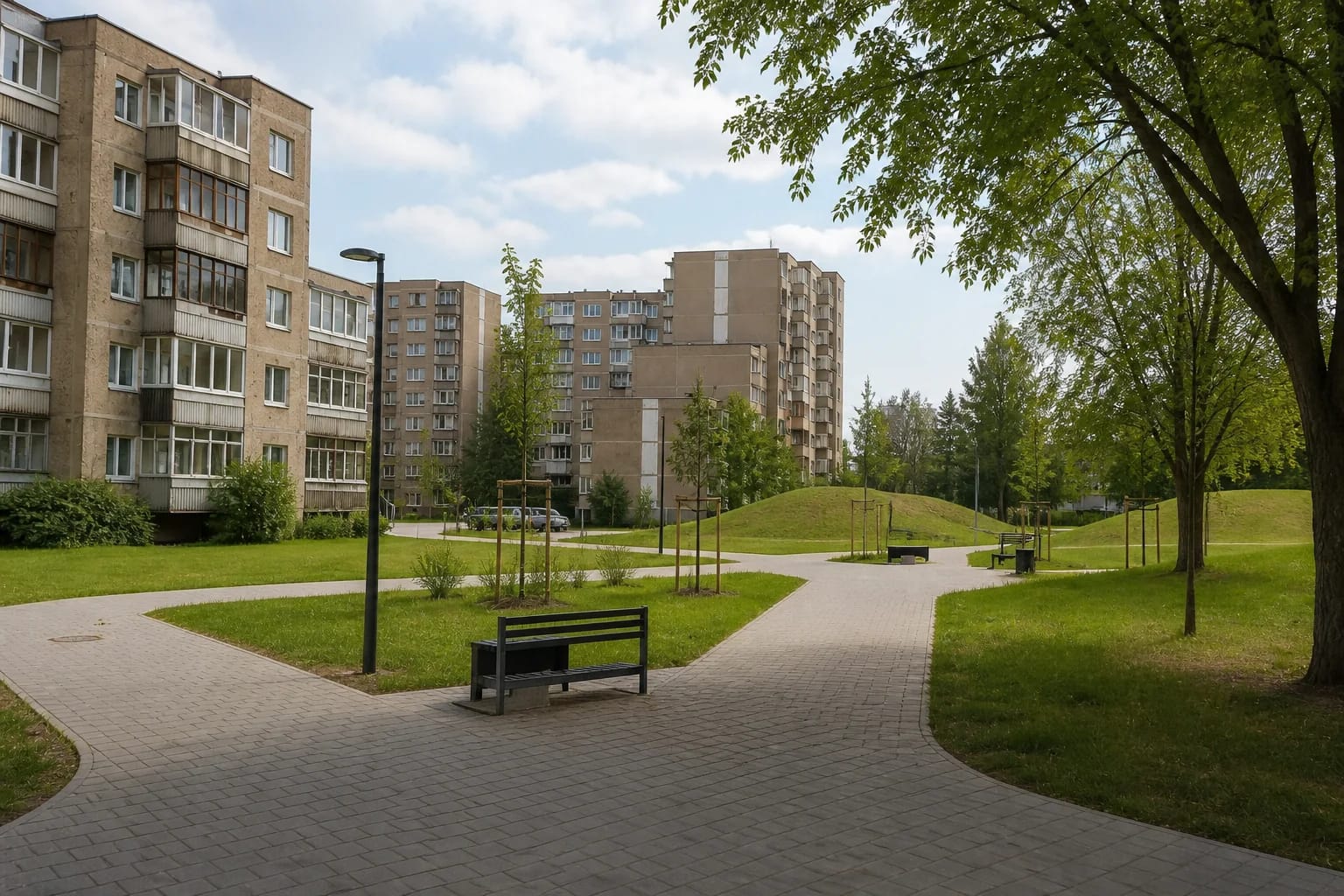 Žemynos skvero takai, suolai ir žolėtos kalvelės Pašilaičių daugiabučių apsuptyje