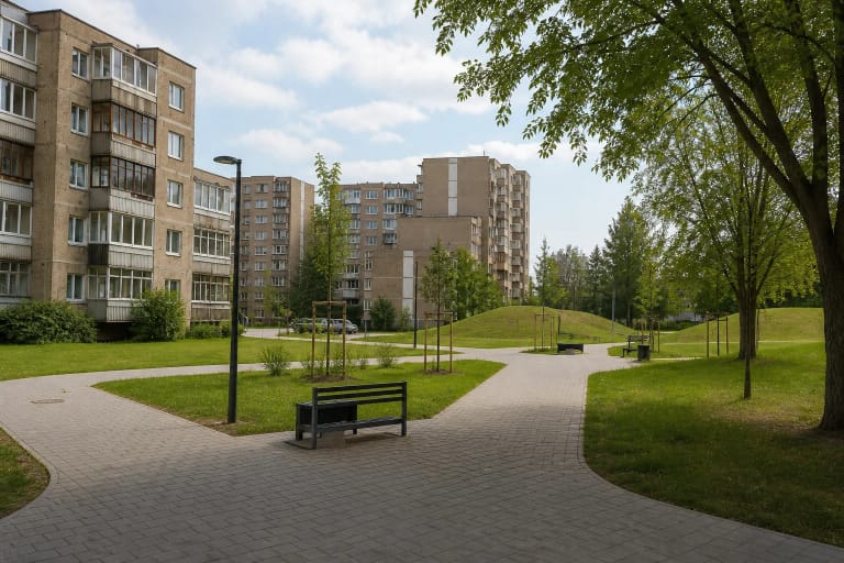 Žemynos skvero takai, suolai ir žolėtos kalvelės Pašilaičių daugiabučių apsuptyje