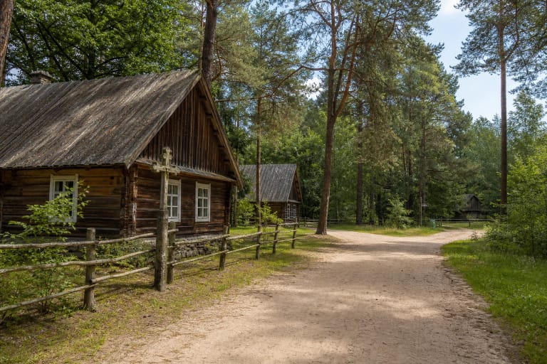 Zervynų etnografinio kaimo smėlėtas kelias, medinės pirkios ir pušynas Dzūkijoje