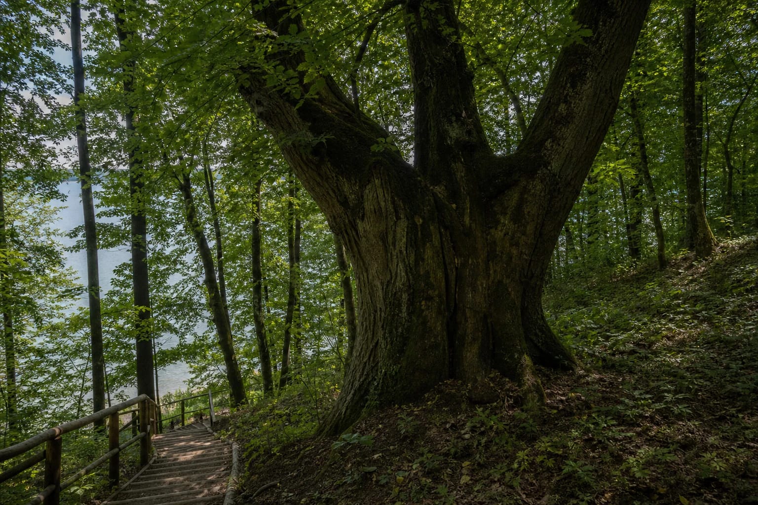 Žiegždrių liepa miško šlaite prie Kauno marių, šalia medinių tako turėklų