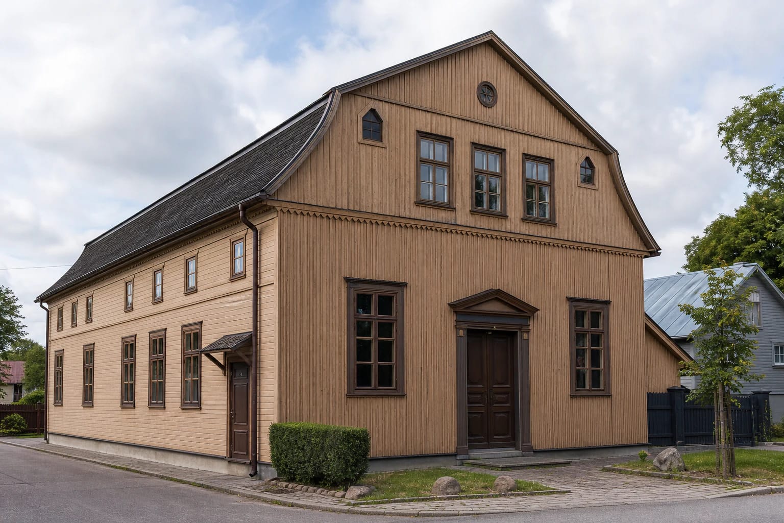 Žiežmariai wooden synagogue with an asymmetrical facade and timber cladding