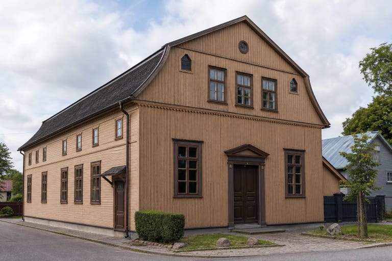 Žiežmariai wooden synagogue with an asymmetrical facade and timber cladding
