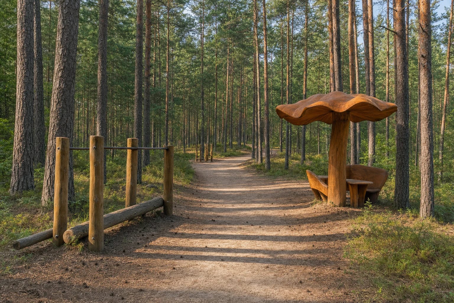 Sandy Žiežulis Trail through mature pine forest in Varėna with wooden exercise equipment and a chanterelle-shaped shelter