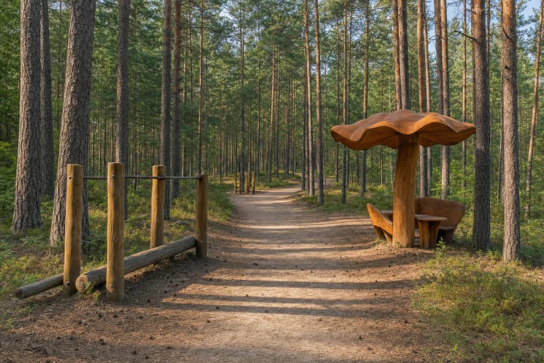 Sandy Žiežulis Trail through mature pine forest in Varėna with wooden exercise equipment and a chanterelle-shaped shelter