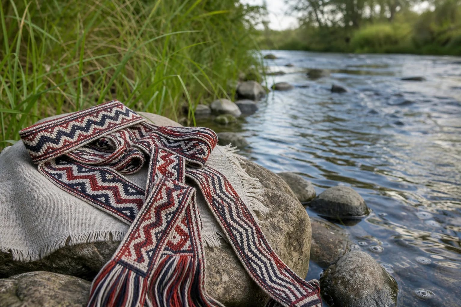 Zigzag and wave patterns in a Lithuanian sash beside a flowing stream.