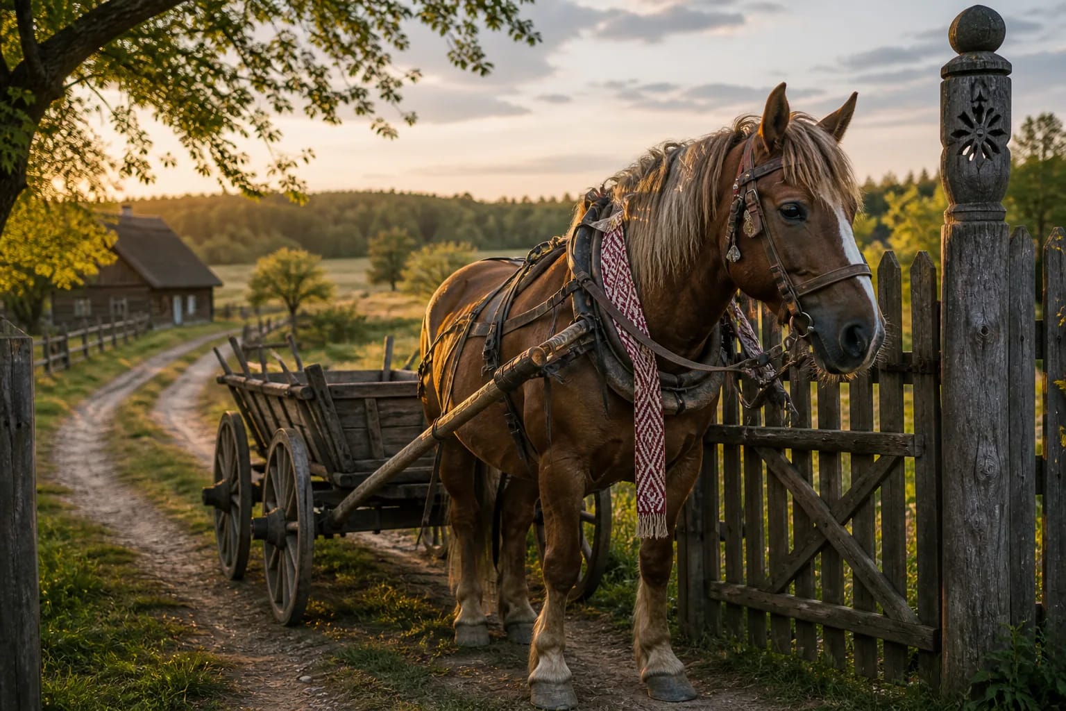 Horse with simple harness decoration beside a homestead gate and wooden cart.