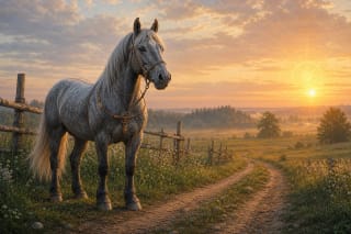 A horse near a Lithuanian field and sunny road as a journey symbol in Lithuanian folklore