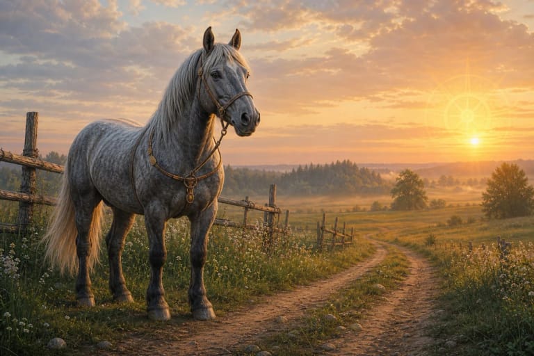 A horse near a Lithuanian field and sunny road as a journey symbol in Lithuanian folklore