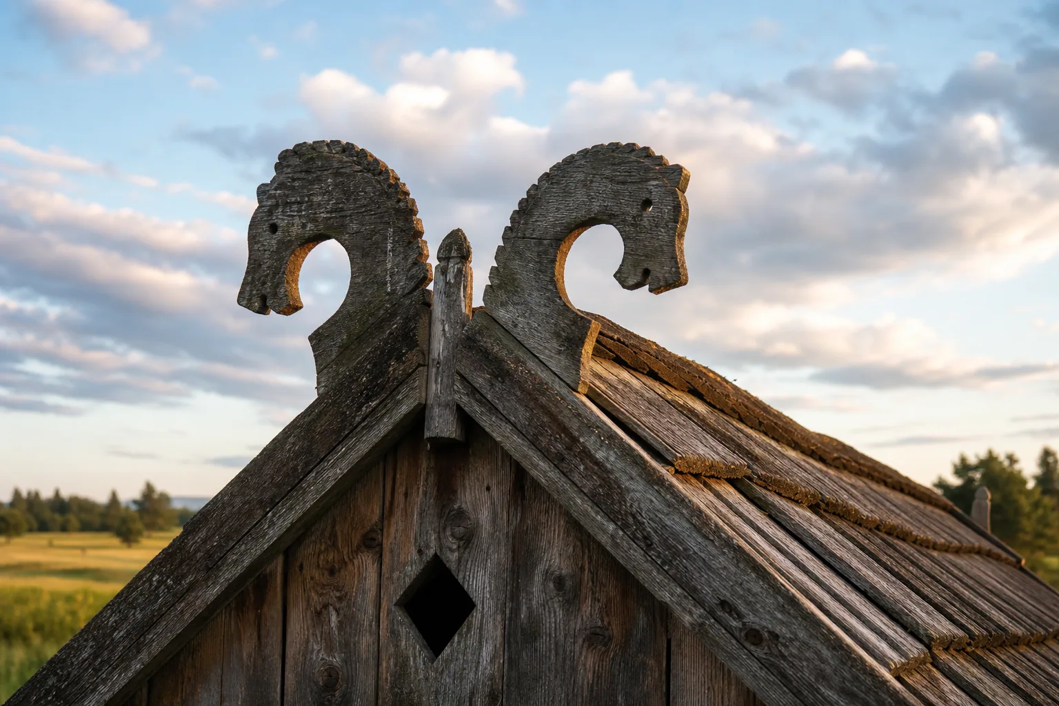 Paired carved horse ornaments on the ridge of a traditional wooden house roof.