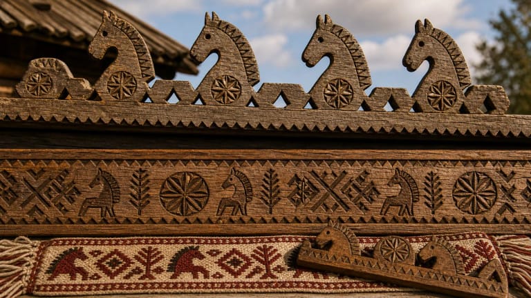 Little horses in Lithuanian roof lėkiai and wood ornament as signs of household protection