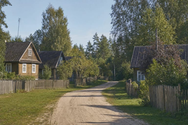 Žiūrų kaimo smėlėtas kelias, mediniai namai ir Dzūkijos pušyno pakraštys