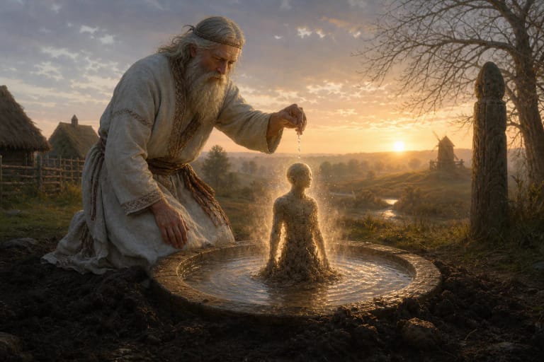 Dievas beside an old bathhouse water bowl as the first human forms from a shining drop