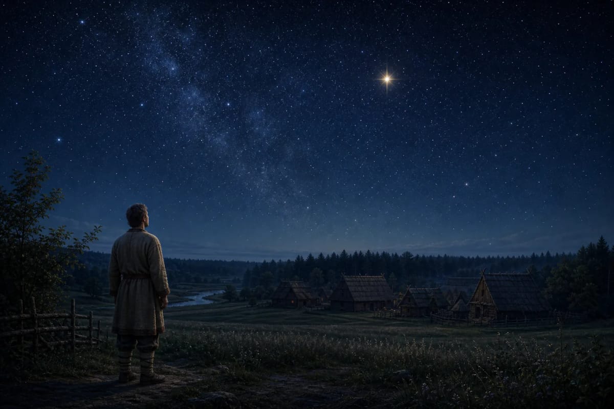 A person looks at the starry Lithuanian night sky where one star shines more brightly