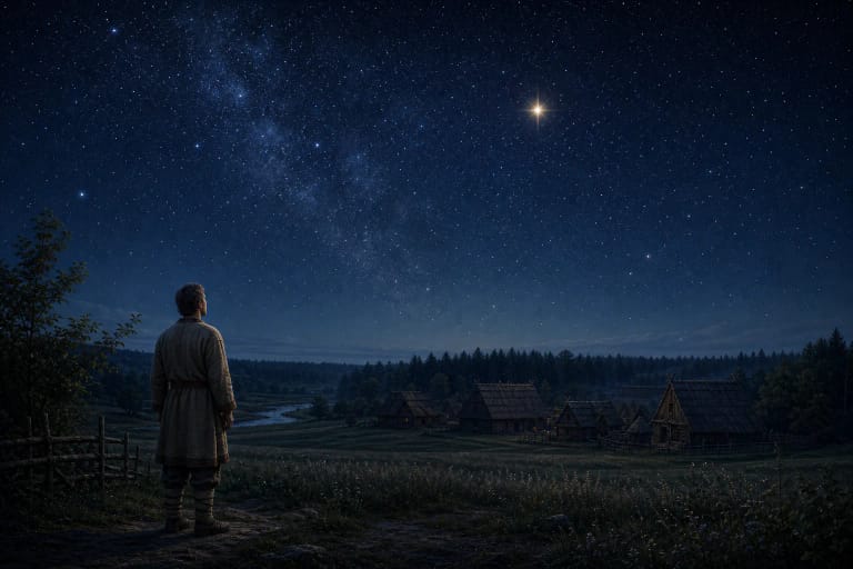 A person looks at the starry Lithuanian night sky where one star shines more brightly