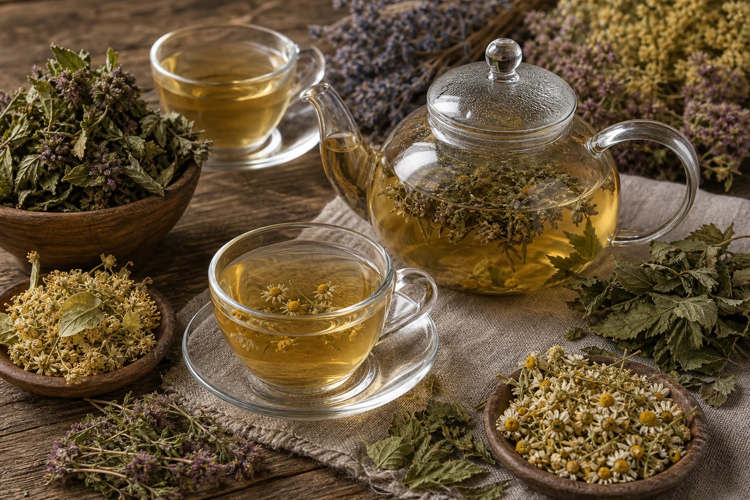 Dried chamomile, linden blossoms, thyme, and raspberry twigs on a wooden table with a glass of herbal tea