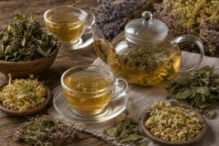 Dried chamomile, linden blossoms, thyme, and raspberry twigs on a wooden table with a glass of herbal tea