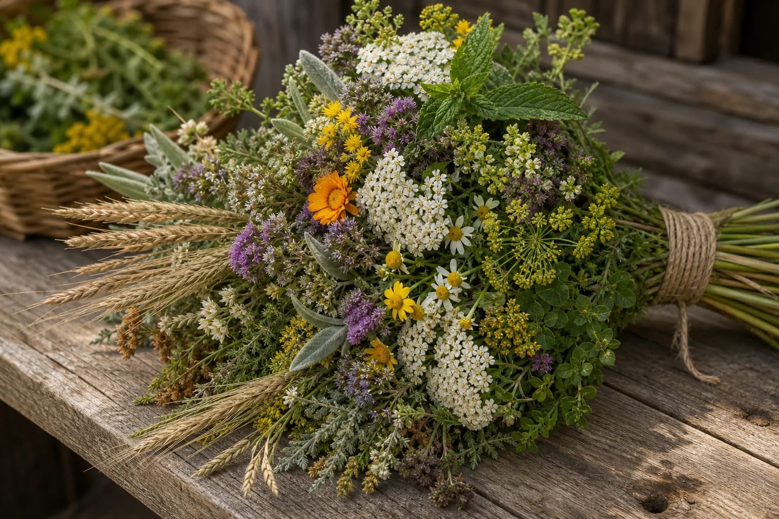 A Žolinė bouquet joins medicinal herbs, flowers, and grain.