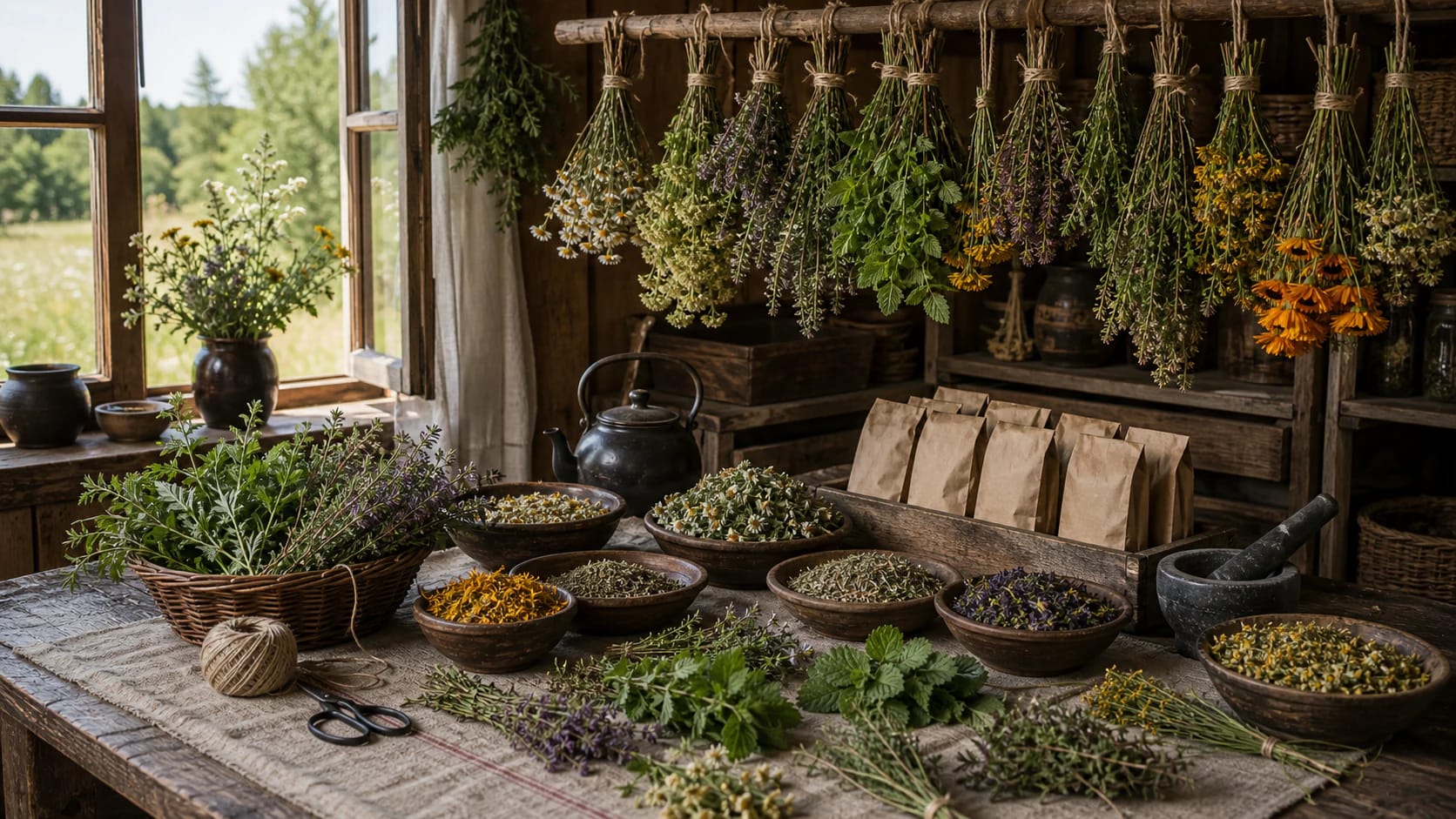 Lithuanian herbs drying in bundles with chamomile, thyme, mint, yarrow, and linden blossom