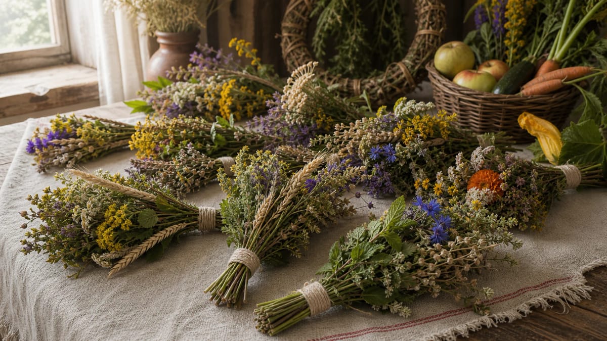 A Lithuanian Žolinė herb bouquet with grain ears, flowers, medicinal plants, and flax